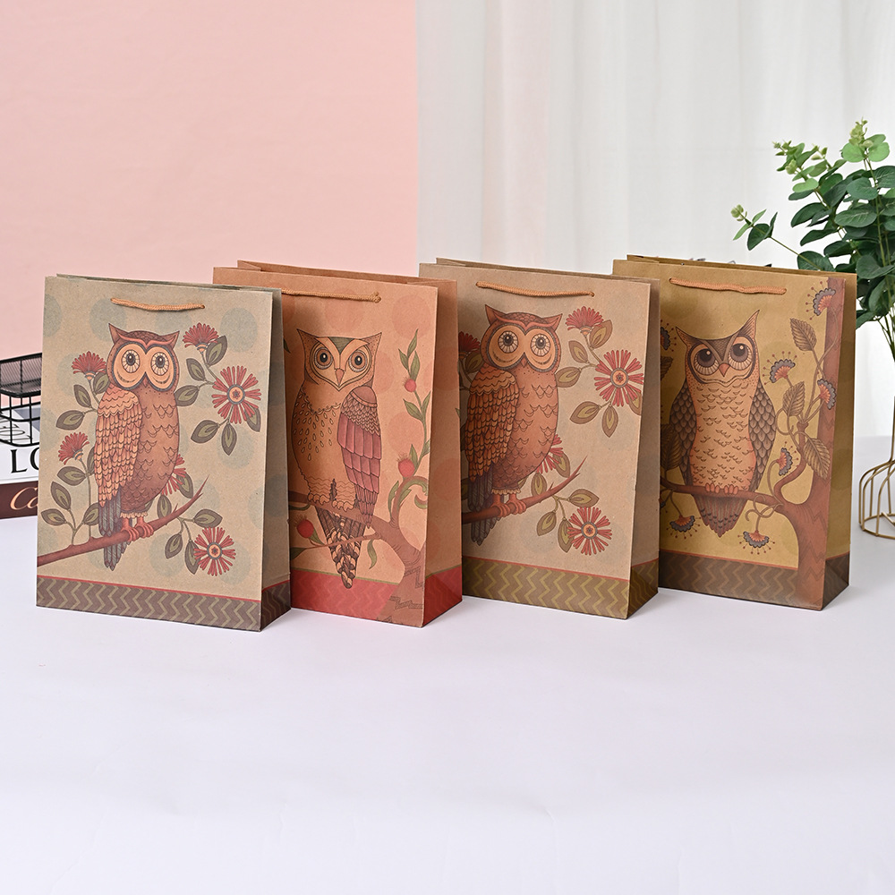新款礼品手提袋创意猫头鹰包装袋子牛皮纸袋 购物纸袋厂家批发