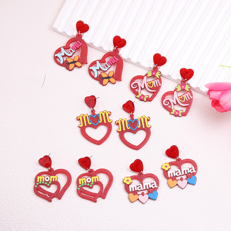 Cute Simple Style Letter Heart Shape Arylic Printing Mother'S Day Women's Drop Earrings 1 Set 1 Pair display picture 3