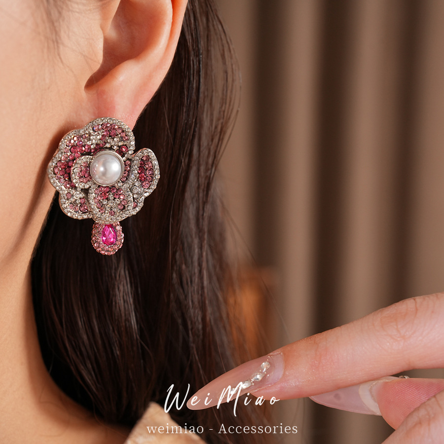Medieval vintage aguja de plata con diamantes flores perlas pendientes exquisitos pendientes de estilo retro lujo ligero alta sensación de pendientes image 5