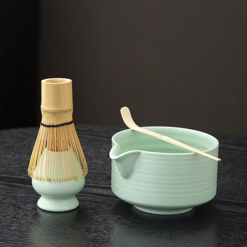 Juego de cuatro piezas de ceremonia del té de matcha, jaula de té de Baiben, tazón de té de pie, juego completo de combinación japonesa, té de punto, accesorios de jaula de té