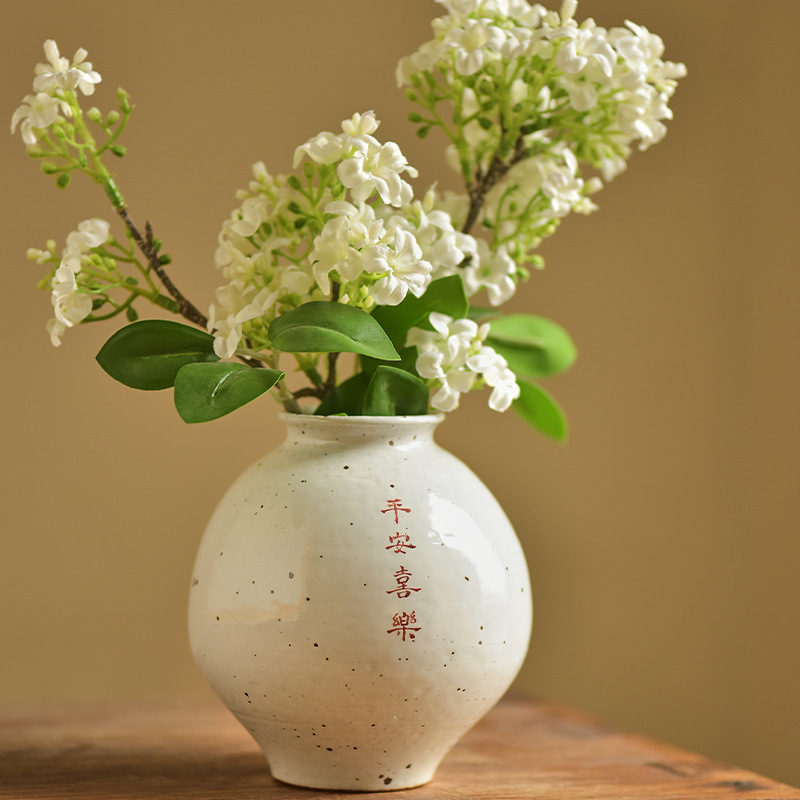 平安喜乐中式手工桌面花瓶装饰摆件私人水养鲜花绿植粗陶花器|undefined