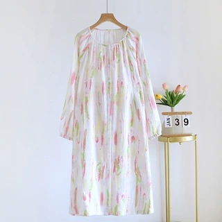 纯棉双层绉纱春秋夏季孕妇待产哺乳睡裙长袖款月子裙孕期产后喂奶
