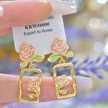 A264法式温柔玫瑰花Vintage中古饰品精致复古琅彩耳环优雅蚊香盘