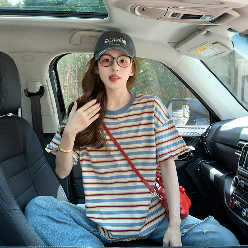 American Retro Right Shoulder Pure Cotton Short-Sleeved T-Shirt for Women Summer New Loose and Stylish Ins Contrasting Lace Stripesd Top 4