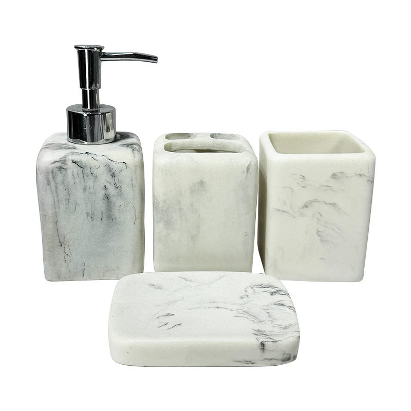 Taza de enjuague bucal de mármol Juego de baño Botella de prensa de resina Juego para el hogar Juego de cuatro piezas de almacenamiento de baño de hotel