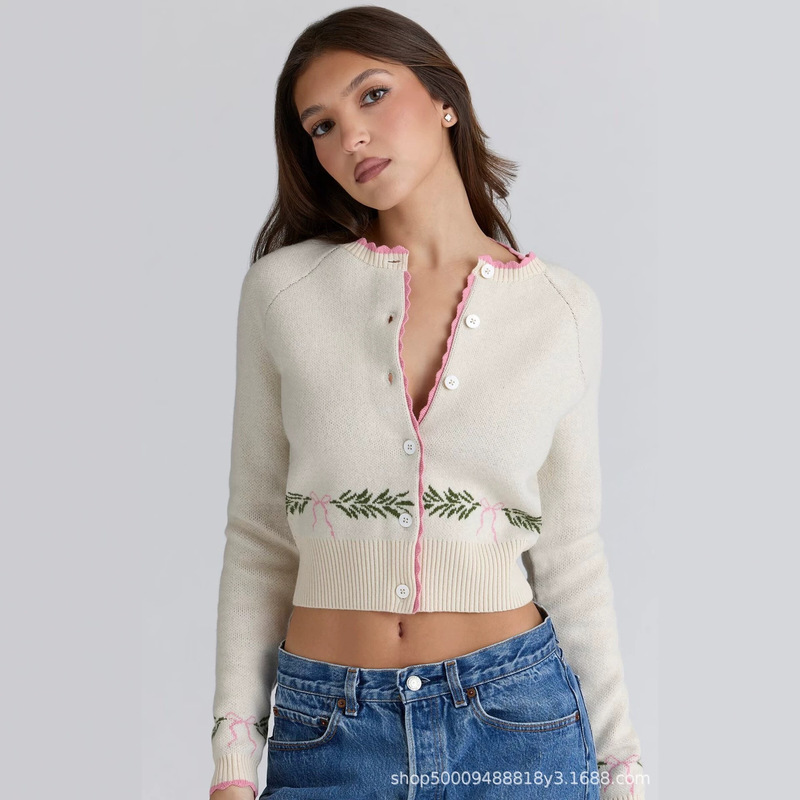 2026 New European and American Style French Round-Neck Christmas Series Lace Bow Jacquard Knitted Cardigan Sweater Jacket 2026 New European and American Style French Round-Neck Christmas Series Lace Bow Jacquard Knitted Cardigan Sweater Jacket