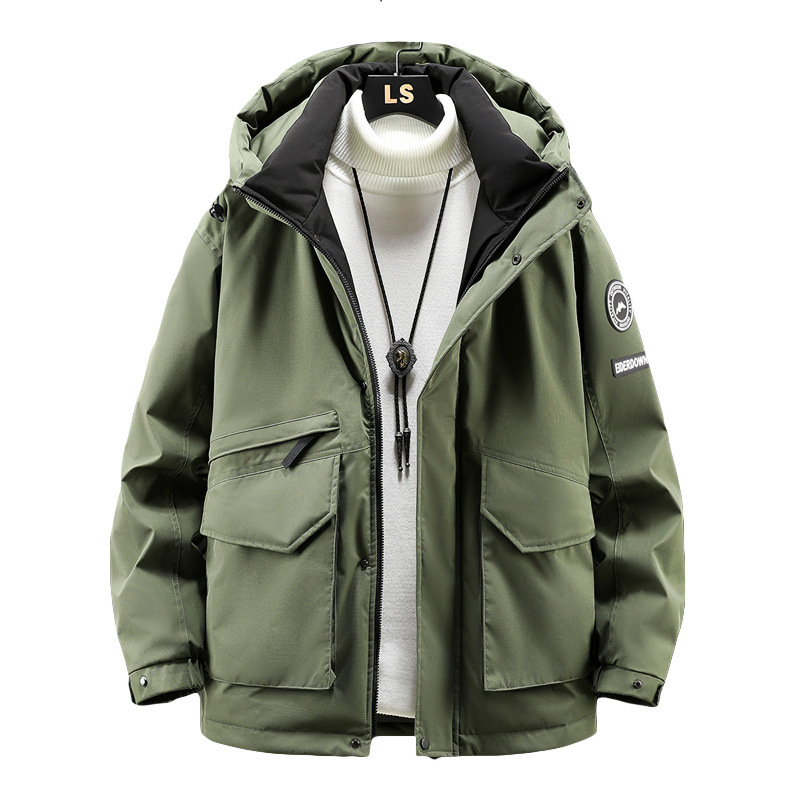 Invierno de moda de los hombres de calidad de parche tridimensional bolsa abajo chaqueta de grasa más tamaño suelta resistente al frío caliente chaqueta con capucha