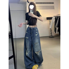 美式复古高腰阔腿破洞牛仔裤女夏季新款宽松直筒显瘦百搭拖地长裤