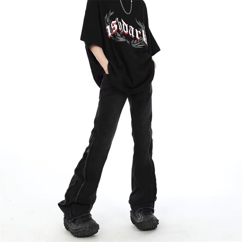 Cross-Border European and American High Street Style Side Zipper Jeans for Men, Black, Unique Design, Slim Fit, Retro Flared Long Pants