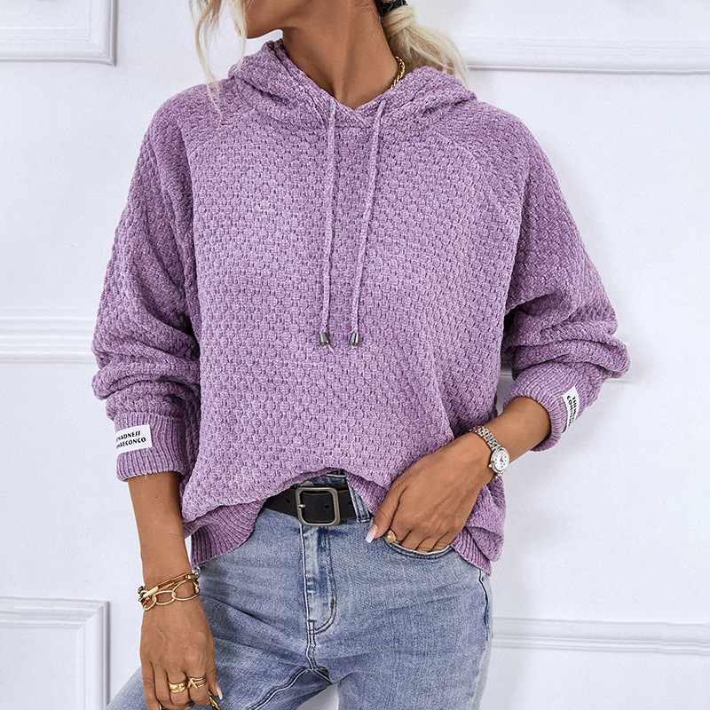 Mao Yu con capucha cordón transfronterizo suéter 2023 otoño e invierno nuevo color sólido suéter casual europeo y americano para las mujeres