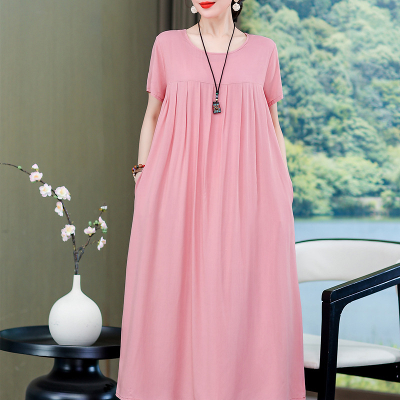 Summer Middle-aged and Elderly Women's Cotton Silk Nightgown Fattening plus size Loose Mom Casual Short-sleeved Home Clothes dress