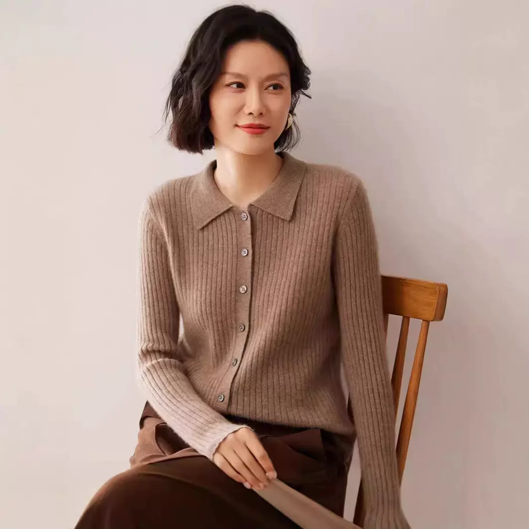 山羊绒女针织开衫毛衣外套polo领抽条打底上衣女装抽条修身外搭