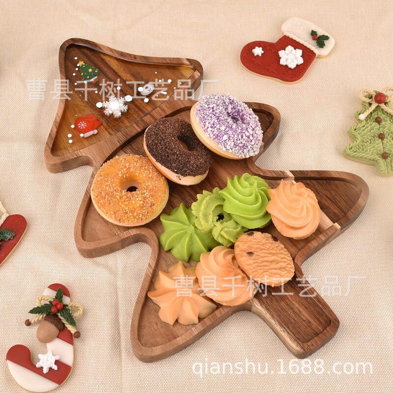 Cross-Border Wooden Christmas Decoration Tray Solid Wood Christmas Tree Shaped Dinner Plate Acacia Wood Christmas Dinner Plate