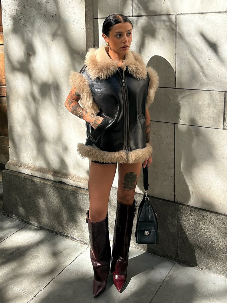 Temperamento de moda estilo casual empalme pieles sin mangas una chaleco para mujeres 2025 otoño y invierno nuevo cross-border Europa y América