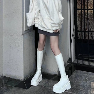 欧美长筒靴女2023春夏新款圆头厚底弹力瘦瘦骑士靴千禧辣妹高筒靴