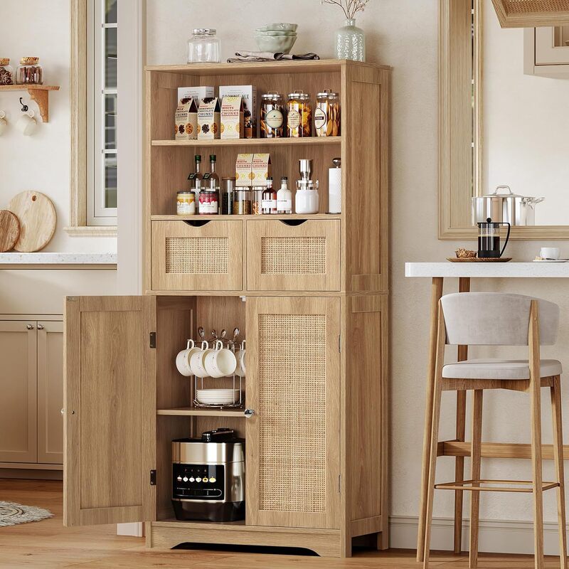 Bohemian Style Sideboard with 1 Barn Door and 2 Drawers, Natural Color, Multifunctional Storage, Narrow Body, Suitable for Small Spaces