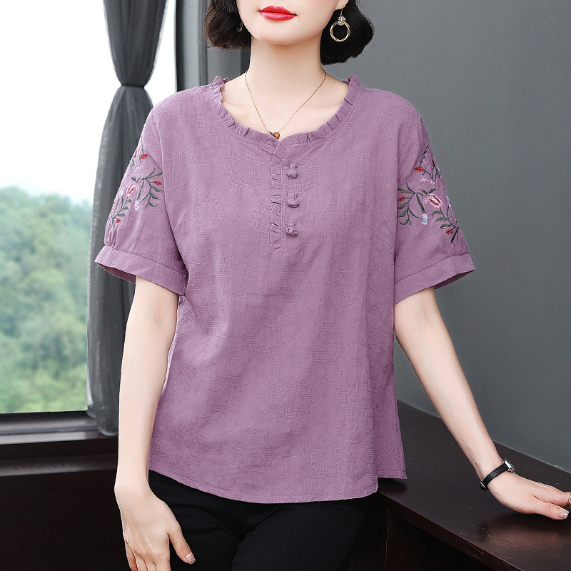 Middle-Aged Mom's Summer Cotton and Linen Loose-Fitting 2026 New Embroidered Short-Sleeve T-Shirt Top, Plus-Size Middle-Aged and Elderly Women's Clothing