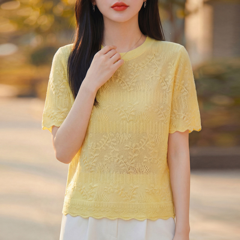 Summer New Style Fresh and Elegant Fine-Spun Mulberry Silk Wool Hollow Lace Knitted Short-Sleeved Design Top for Women Summer New Style Fresh and Elegant Fine-Spun Mulberry Silk Wool Hollow Lace Knitted Short-Sleeved Design Top for Women
