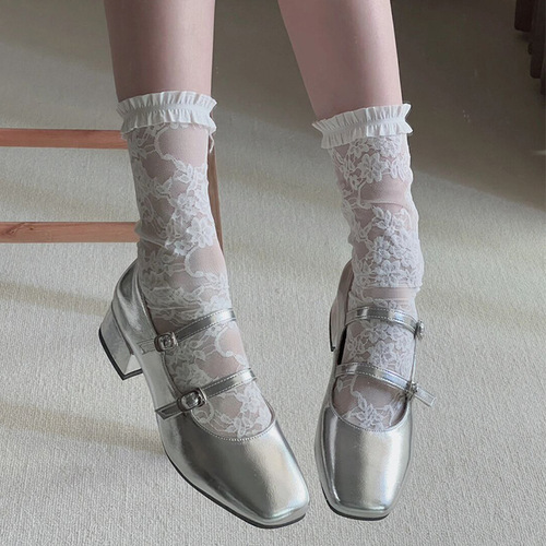  New Spring and Autumn French Silver One-Buckle Medium Heel Shallow Mouth Square Toe Mary Jane Women's Shoes Thick Heel Single Shoes for Women