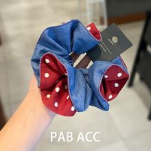 韩国代购高端AB面牛仔蓝波点褶皱肥肠圈双层绑发立体耐用皮筋发圈