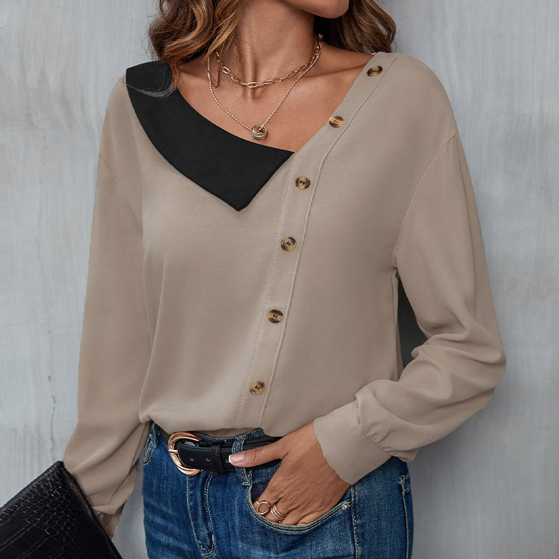 autumn new button v-neck long-sleeved knitted women's solid color blouses_voghion.com