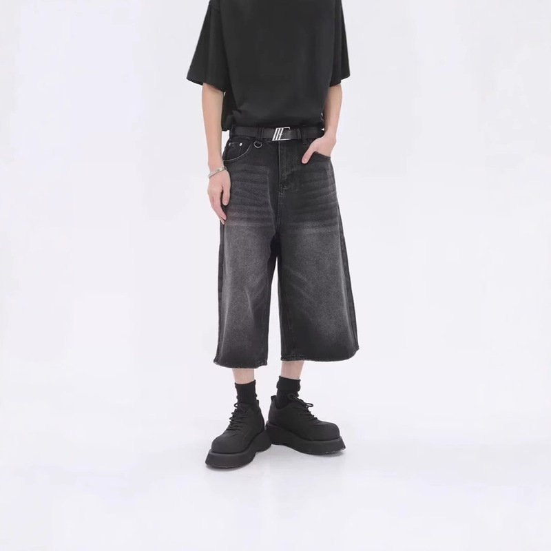 Cross-Border Men's Streetwear Loose Shorts Low-Rise Cut Black Denim Wide-Leg Pants Men's Denim Shorts