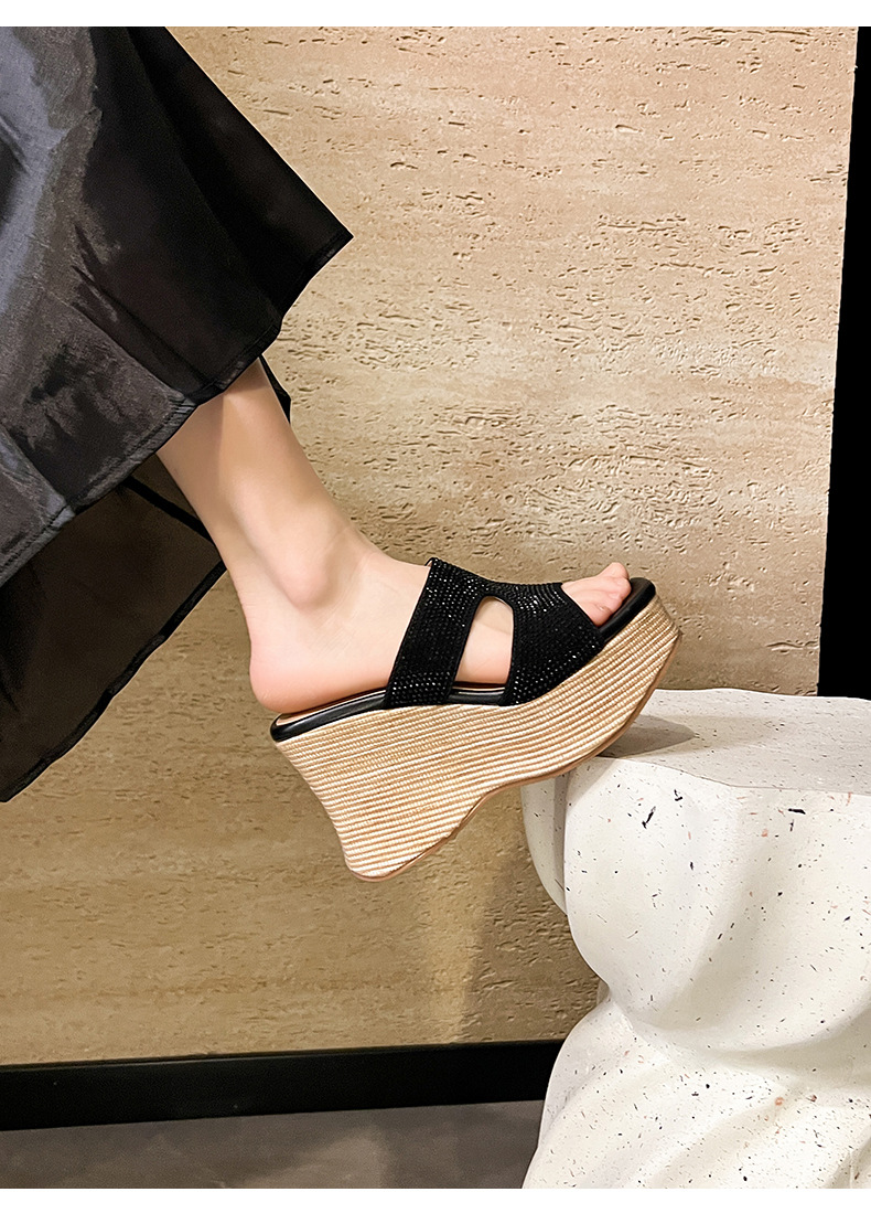 Sandal cao gót nữ đế xuồng đính đá quai ngang — màu đen, màu trắng ngà chi tiết 9