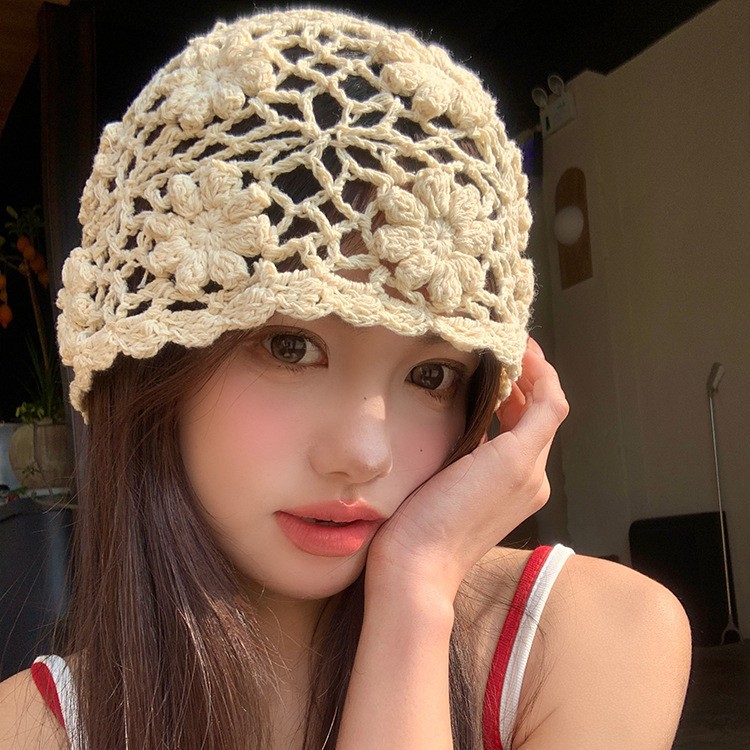 手工编织镂空花朵包头帽女春夏季薄款小众氛围感复古百搭套头帽子