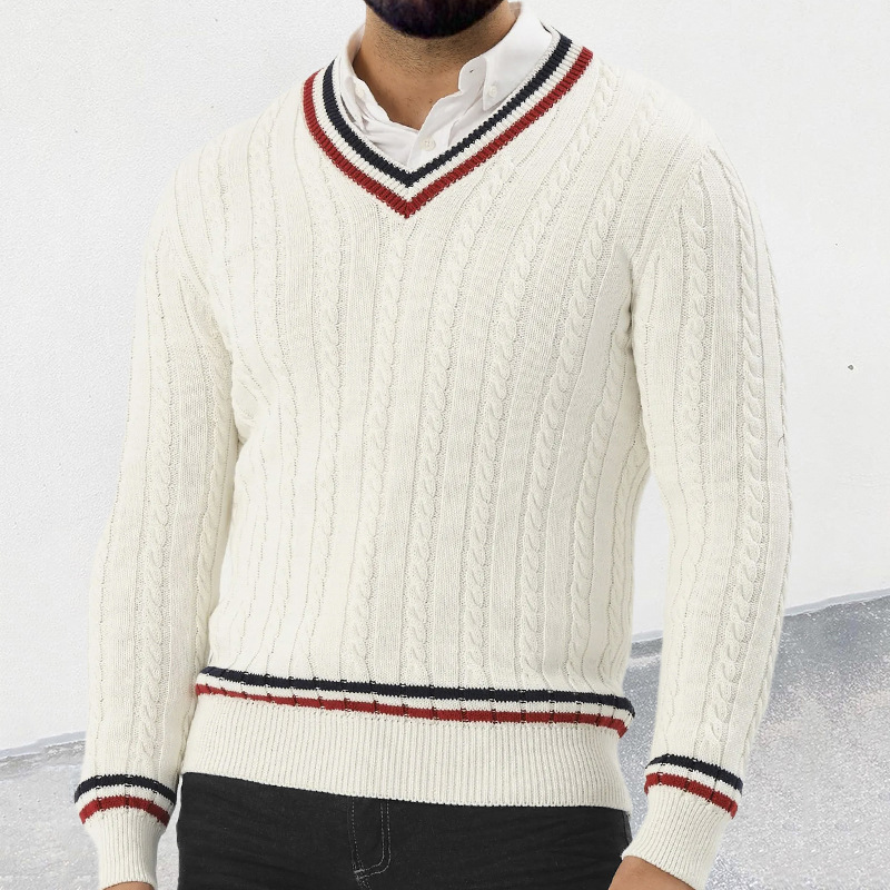 Pull à col en V et manches longues pour homme, couleur assortie, pull slim en tricot_voghion.com