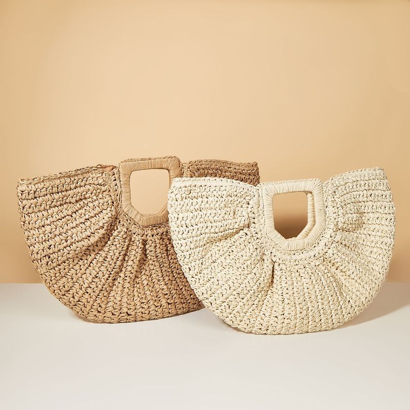 New Simple Solid Color Holiday Beach Bag Portable Moon Bag Photo Retro Casual Handbag Straw Bag