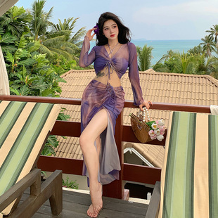 Swimsuit, Feminine Bikini, Four-Piece Split Long Skirt, Long Sleeves, Large Size, Slimming and Flesh-Covering, Beach Resort Style Swimsuit