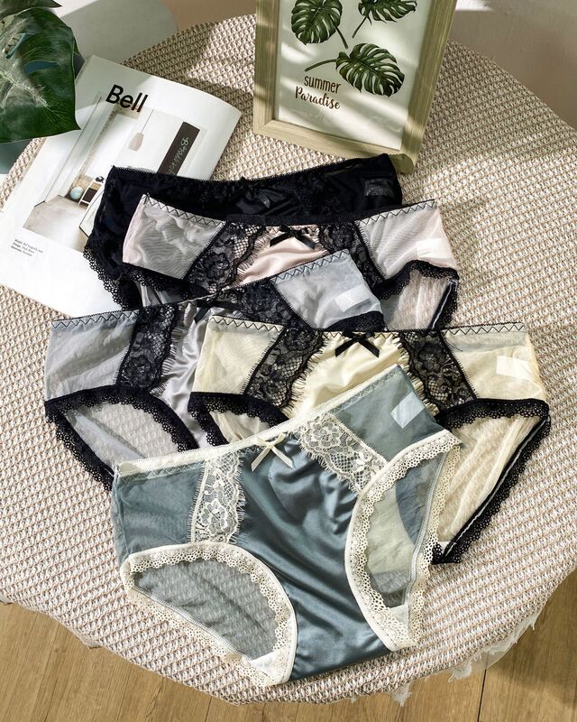 レトロ高豪華レースパンツ女性フランスまつげステッチサテン快適通気綿股中腰三角パンツ女性|undefined