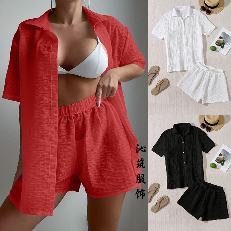 Cross-border Amazon New Beach Blouse Solid Color Short-sleeved Two-piece Shirt Sexy Loose Beach Sun Protection Suit