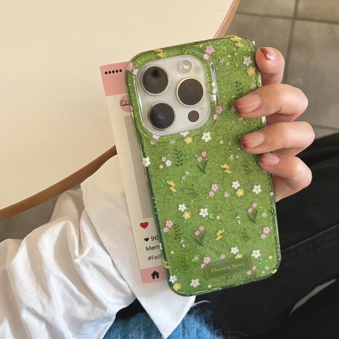 Pequeño brillo fresco verde floral para iPhone14 Apple 16ProMax funda para teléfono móvil 15 femenino 13 nuevo 16