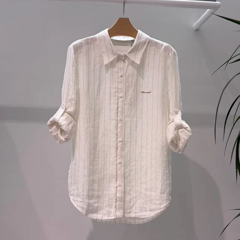 MM Maimai 26 Autumn New Commuting Linen Striped Long Sleeve Shirt for Women with Turn-down Collar Loose Top 4I4120031