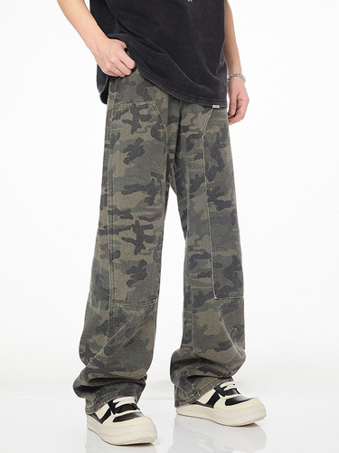 xxbro Men's Clothing #American Straight Leg Trendy Brand Denim Pants Wide Leg Splicing Camouflage Outdoor Logging Pants for Men and Women