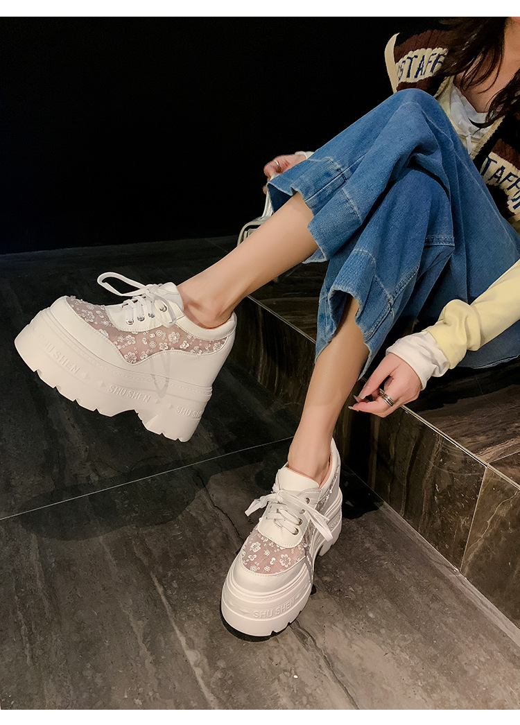 Giày sneaker nữ đế dày lưới thoáng khí, phối dây buộc phong cách loafer đế xuồng — Trắng 12cm, Trắng 15cm, Đen 12cm, Đen 15cm chi tiết 8