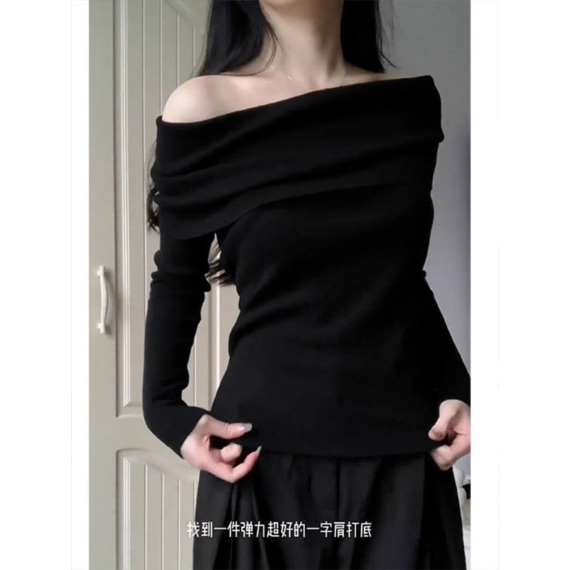 法式黑色一字肩上衣女春秋露肩设计感小众修身气质内搭长袖针织衫|undefined
