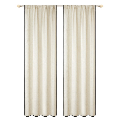 Japanese wabi-sabi style linen sheer curtains, light-filtering but not people-filtering, with black edges, living room floor-to-ceiling windows, high windows, Chinese-style curtains