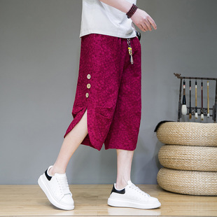 2024 summer new Chinese style cotton and hemp cropped pants loose button decorative jacquard casual shorts a generation of hair