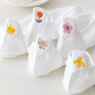 Spring and Summer Socks for Women, Cotton Pure Color Shallow Socks, Heel Embroidered Crown Flower Cartoon Short Boat Socks