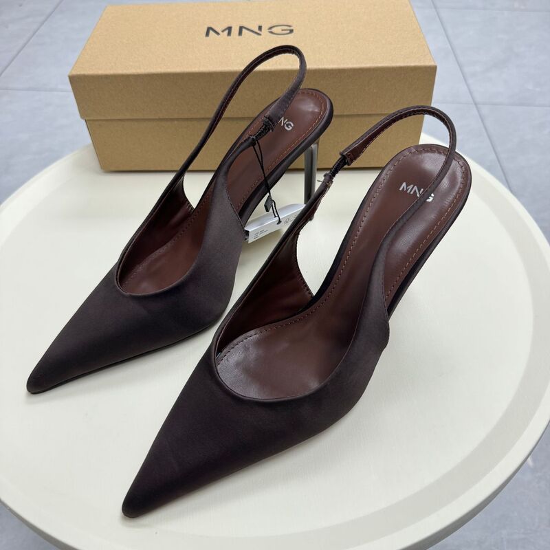 Mng Women's High-Heeled Shoes 2026 Spring/Summer New Satin Pointed-Toe Elegant Shallow-Mouth Stiletto Mules for Women