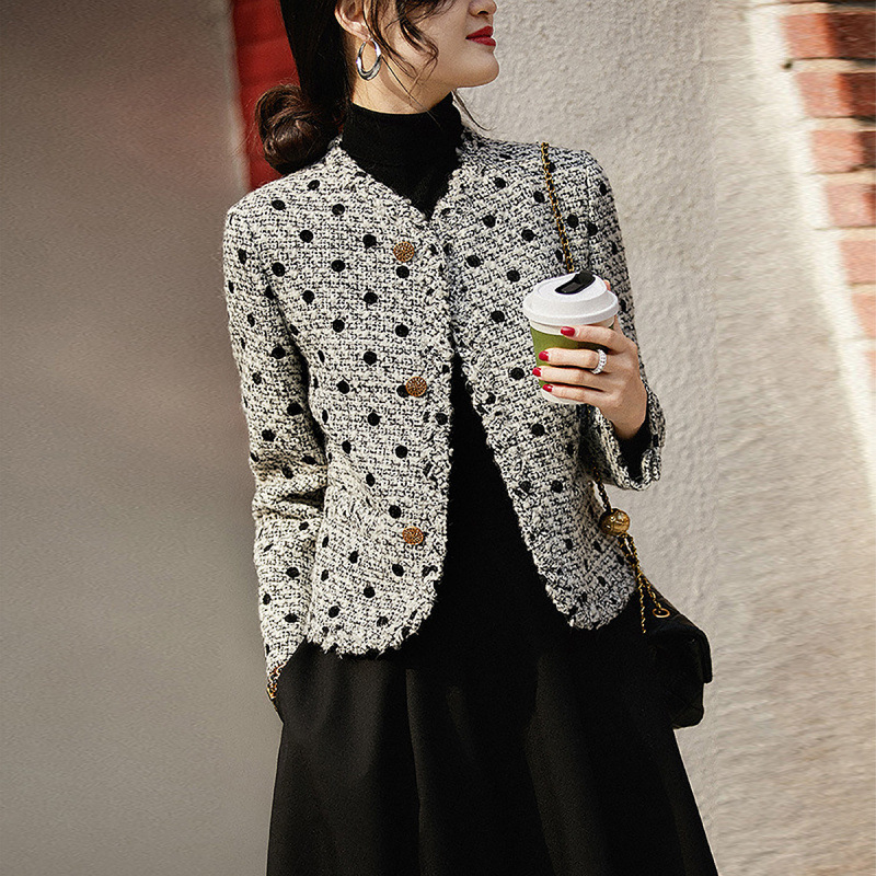 Chanel Style Coat Women's Autumn and Winter New Elegant Small Fine Tweed Casual Jacket Polka Dot Top