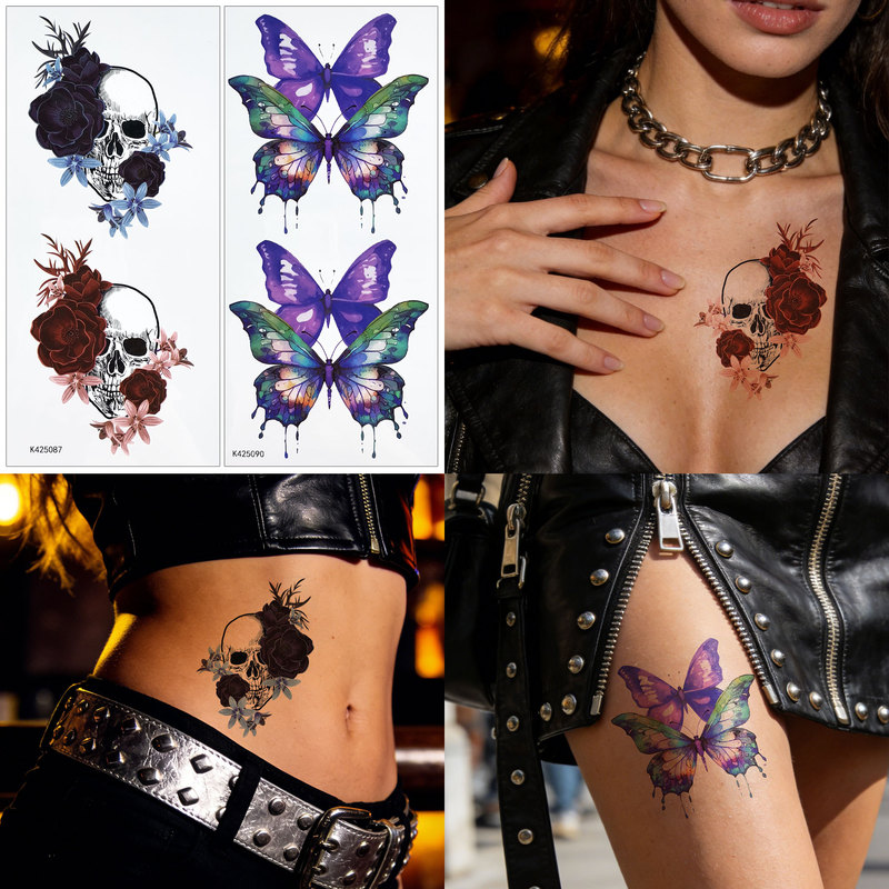 New Dark Style Skull Rose Tattoo Stickers European and American Colorful Butterfly Waterproof Long-Lasting Cool and Spicy Style Tattoo Stickers Wholesale New Dark Style Skull Rose Tattoo Stickers European and American Colorful Butterfly Waterproof Long-Lasting Cool and Spicy Style Tattoo Stickers Wholesale