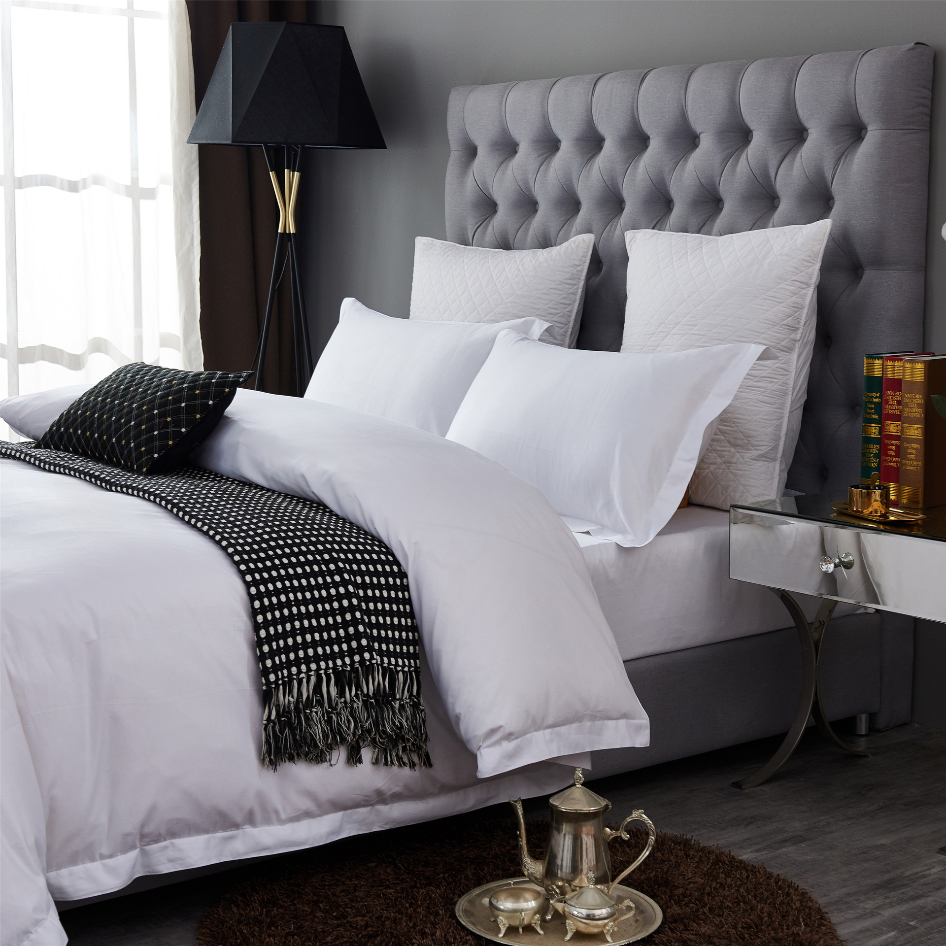 五星级酒店布草纯棉贡缎四件套白色宾馆套件全棉可定制床上用品