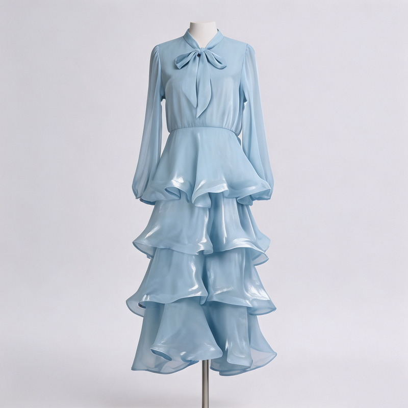 European and American light blue pearl dress with stand-up collar, bow tie, long sleeves, waist-cinching, multi-layered ruffle cake hem, mid-length dress European and American light blue pearl dress with stand-up collar, bow tie, long sleeves, waist-cinching, multi-layered ruffle cake hem, mid-length dress