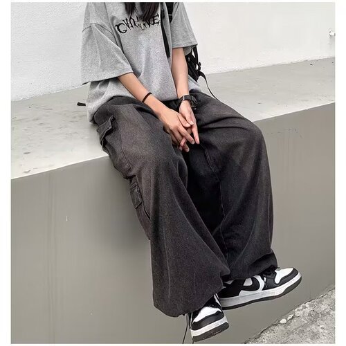 Stylish straight-leg workwear washed mid-rise trendy long pants hip-hop jeans loose straight-leg fashionable autumn and winter men