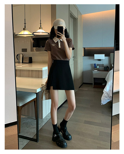 Casual Semi-Skirt Thin Size Opening Season Trend A-Line Black Short Skirt Women Summer Anti-Stray Light High-Waist Slimming