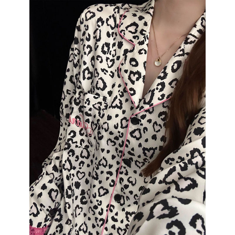 日系豹纹拼接玛丽猫印花睡衣女早秋新款大码长袖长裤家居服两件套|undefined