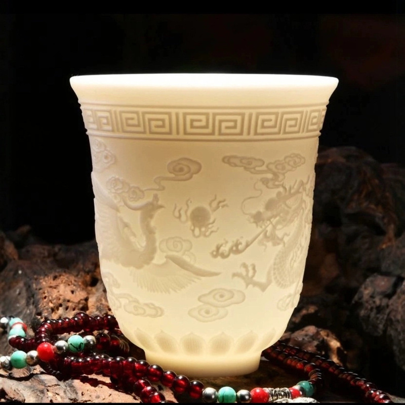 Dehua White Porcelain Dragon and Phoenix Embossed Master Cup Ceramic Tea Cup Large Cup Tea Cup Translucent Tea Set Kung Fu Tea